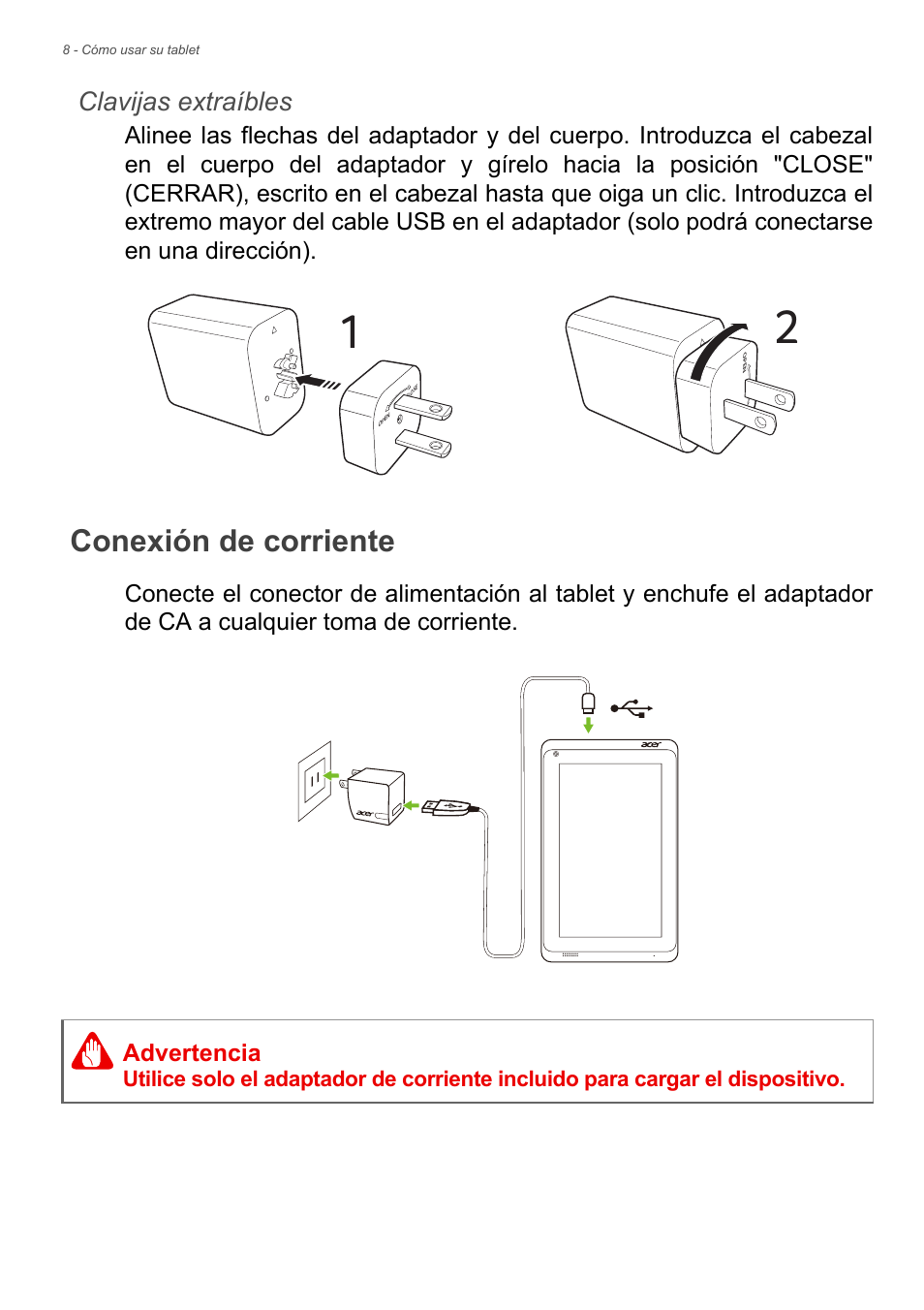 Conexión de corriente, Clavijas extraíbles | Acer B1-730HD User Manual | Page 8 / 61