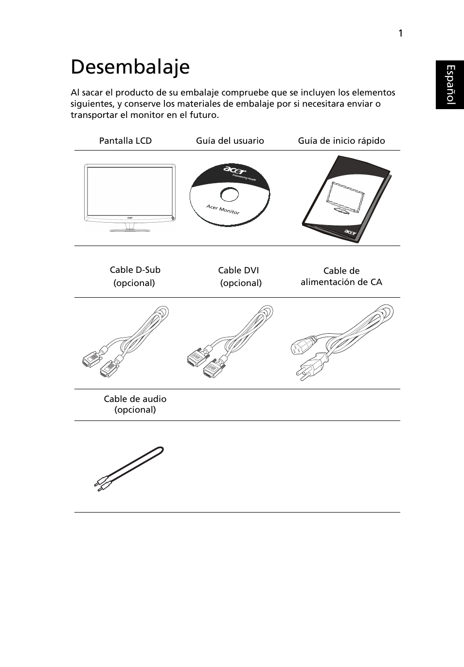 Desembalaje | Acer H234H User Manual | Page 15 / 30