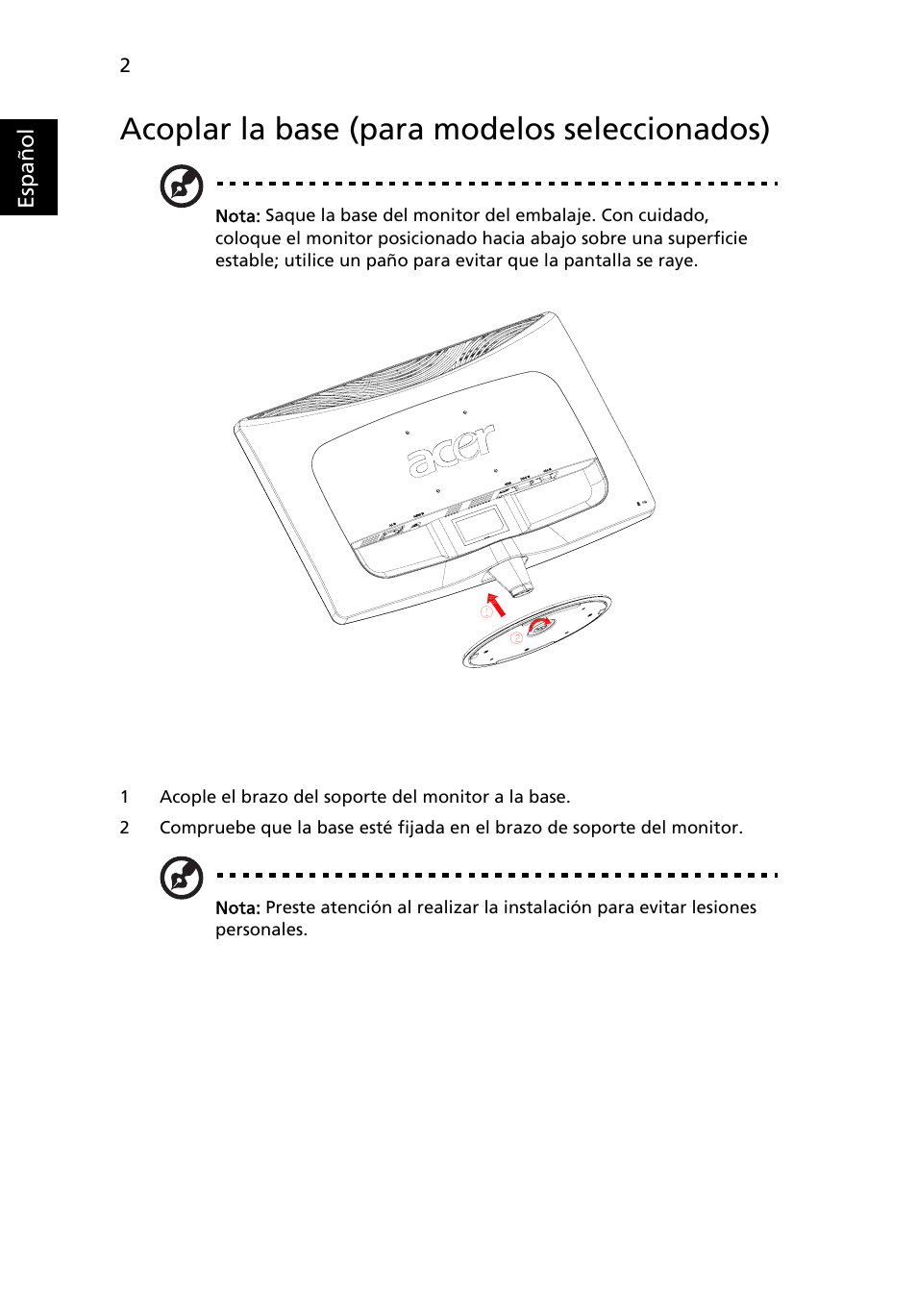 Acoplar la base (para modelos seleccionados) | Acer H234H User Manual | Page 16 / 30