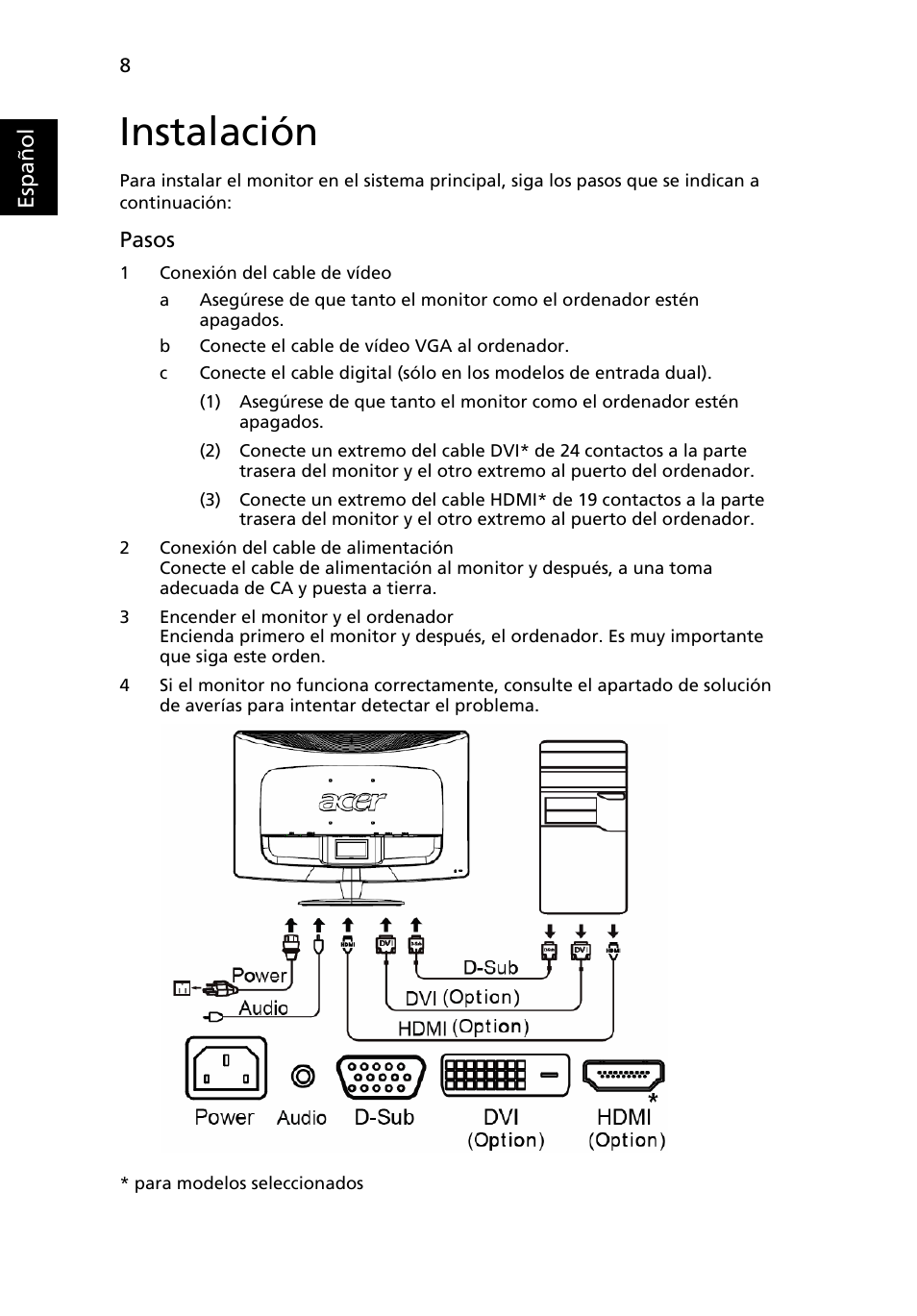 Instalación | Acer H234H User Manual | Page 22 / 30