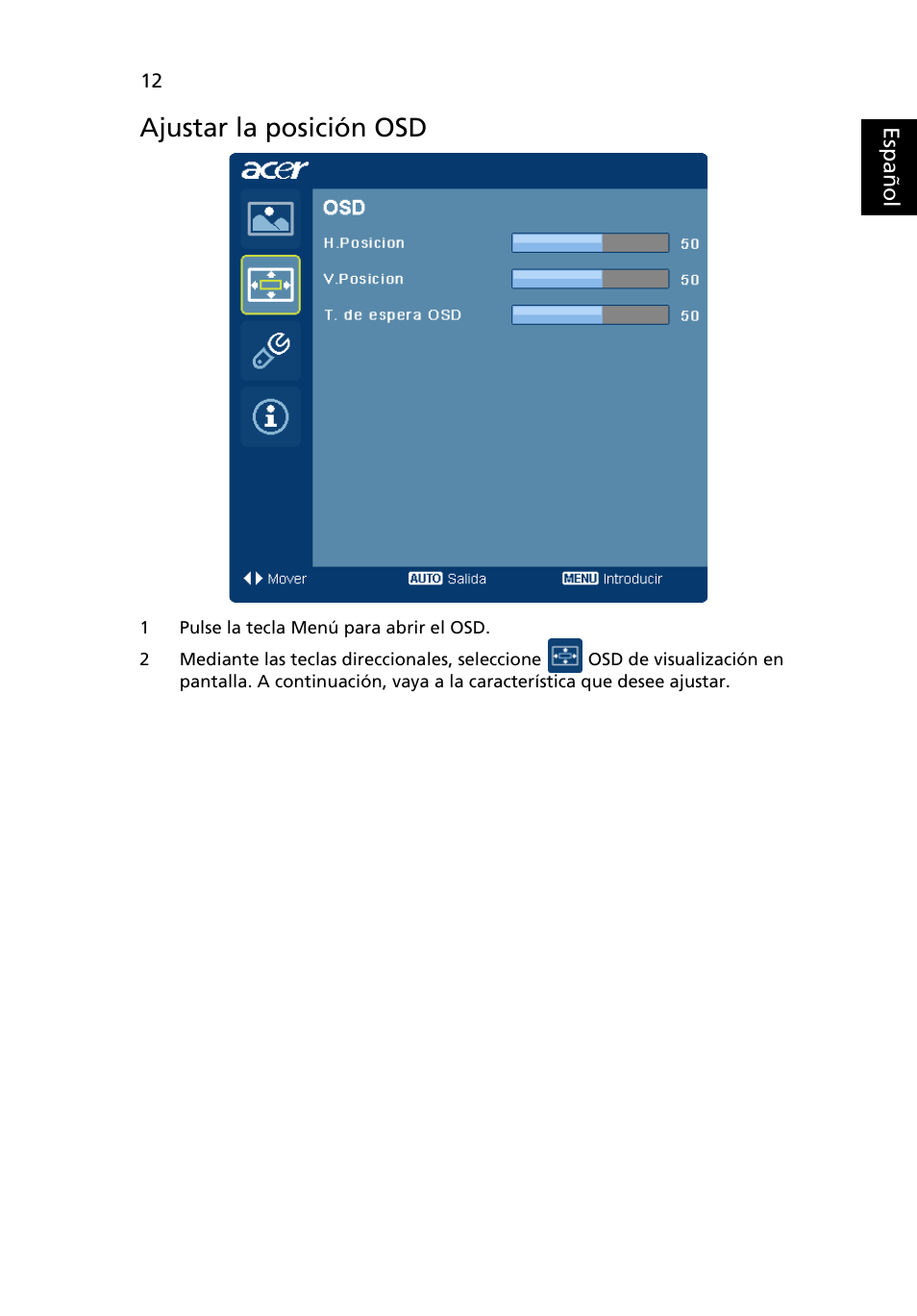 Ajustar la posición osd | Acer H234H User Manual | Page 26 / 30