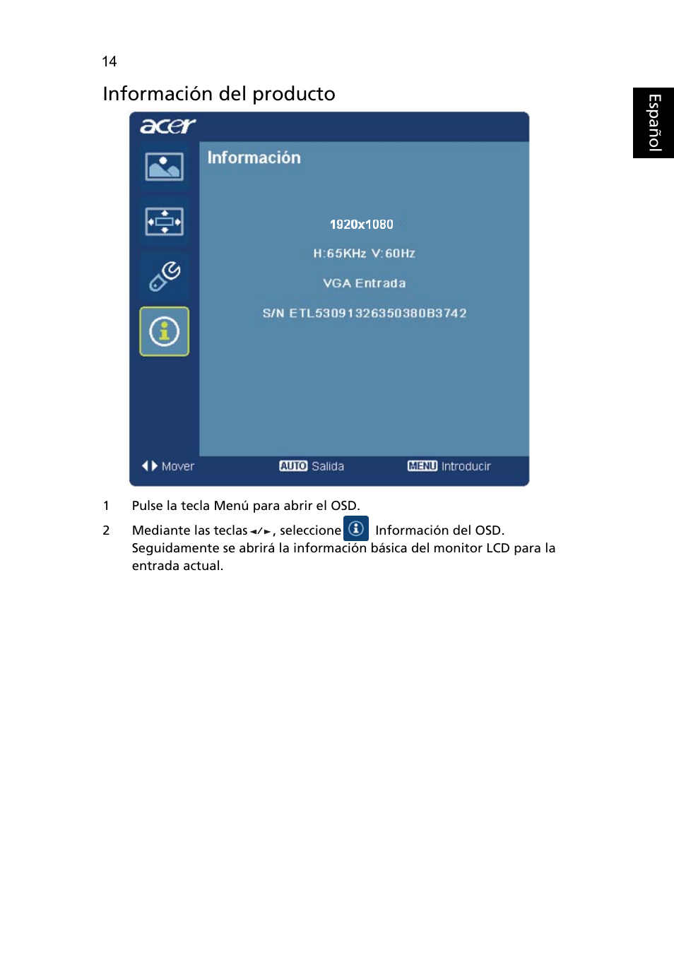 Información del producto | Acer H234H User Manual | Page 28 / 30