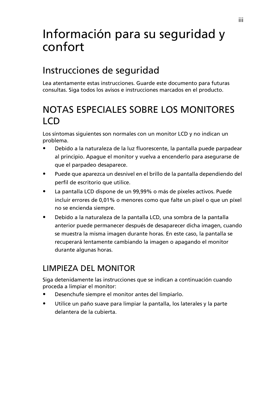 Información para su seguridad y confort, Instrucciones de seguridad, Notas especiales sobre los monitores lcd | Limpieza del monitor | Acer H234H User Manual | Page 3 / 30