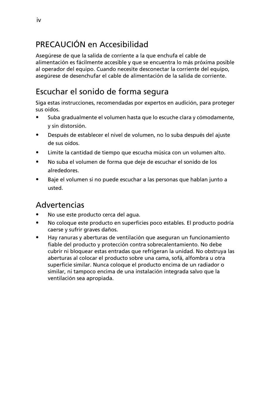 Precaución en accesibilidad, Escuchar el sonido de forma segura, Advertencias | Acer H234H User Manual | Page 4 / 30