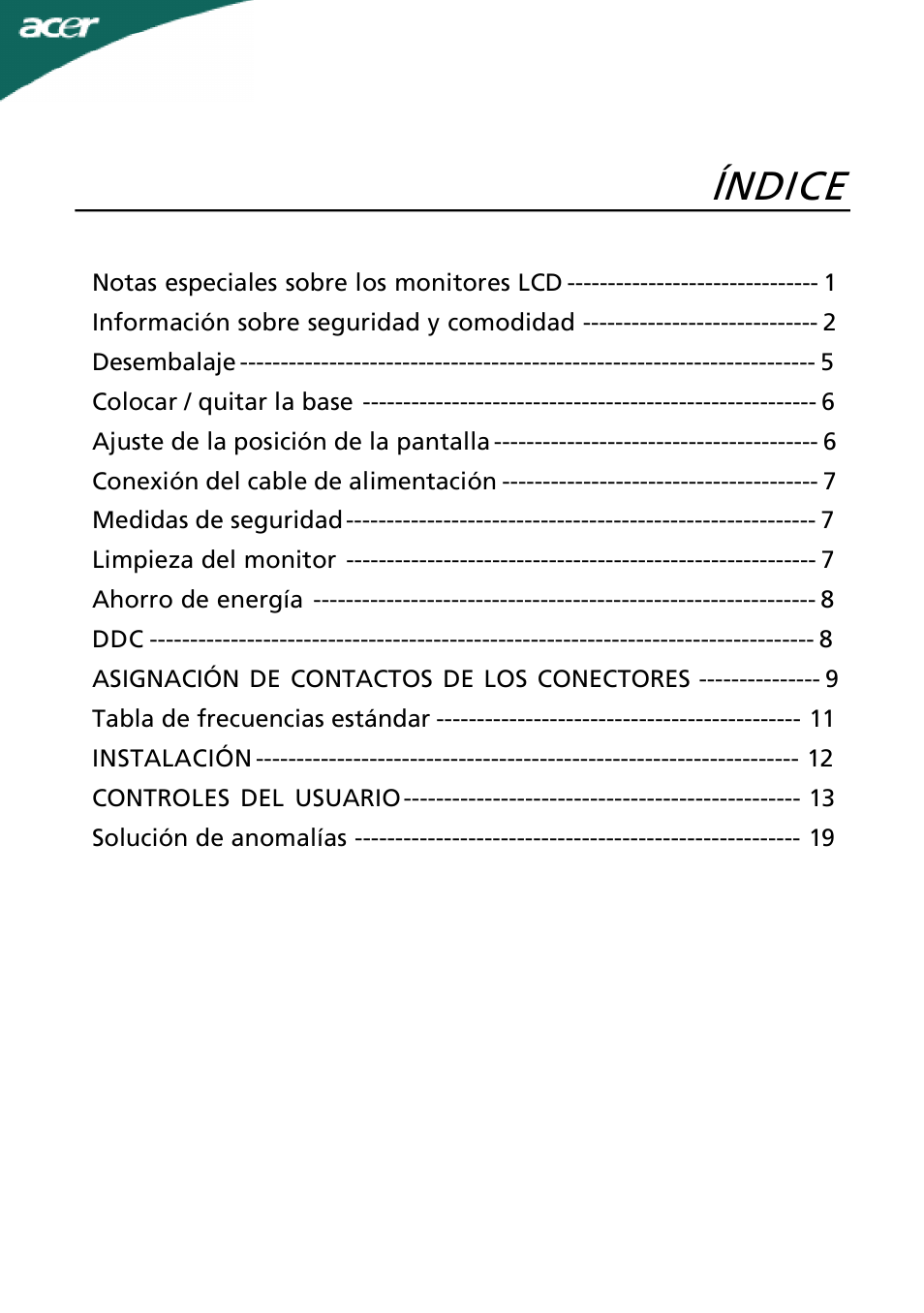 Acer A191HQL User Manual | 23 pages