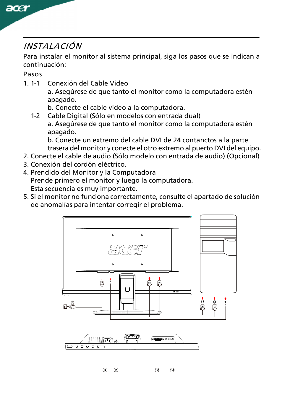 Instalación | Acer A191HQL User Manual | Page 13 / 23