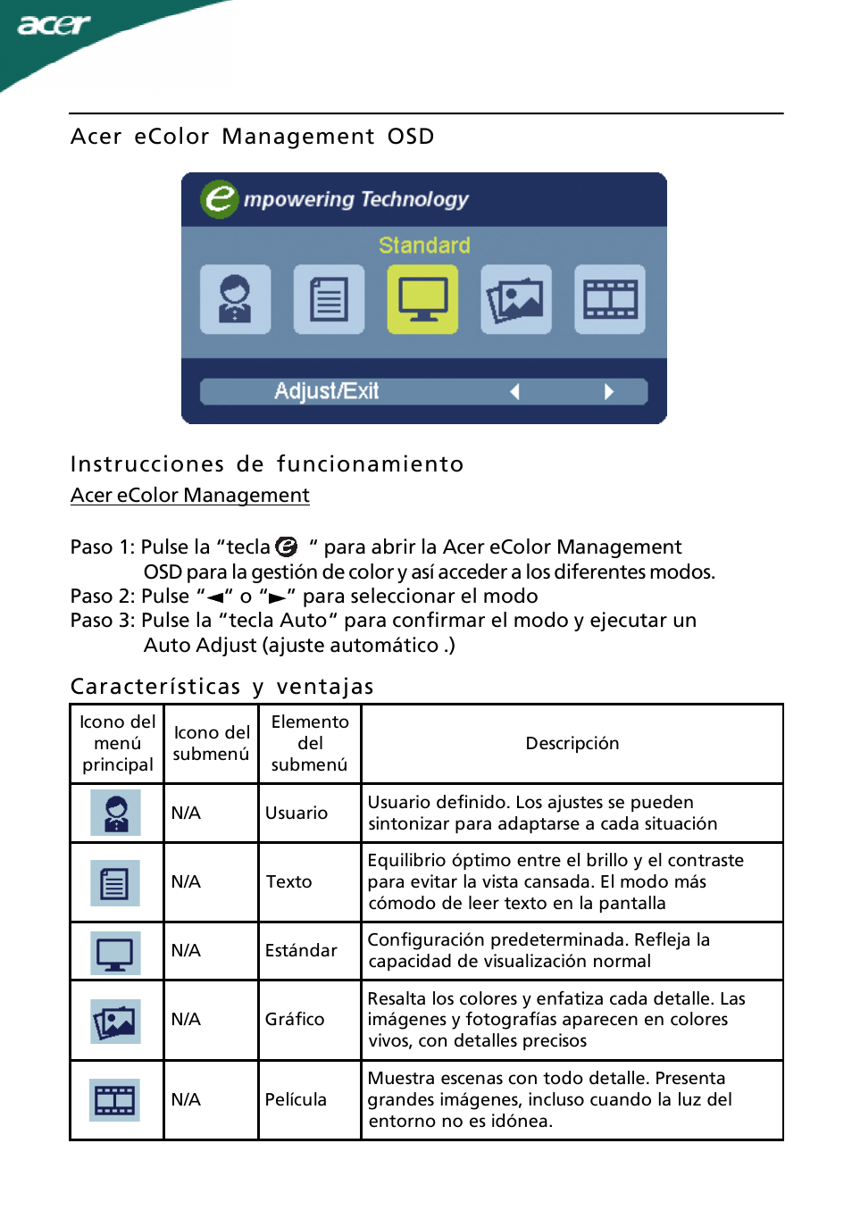 Características y ventajas | Acer A191HQL User Manual | Page 15 / 23