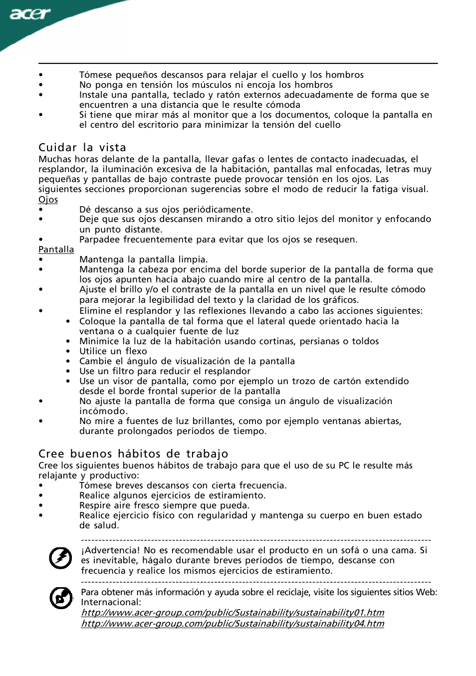 Es-4, Cuidar la vista, Cree buenos hábitos de trabajo | Acer A191HQL User Manual | Page 5 / 23