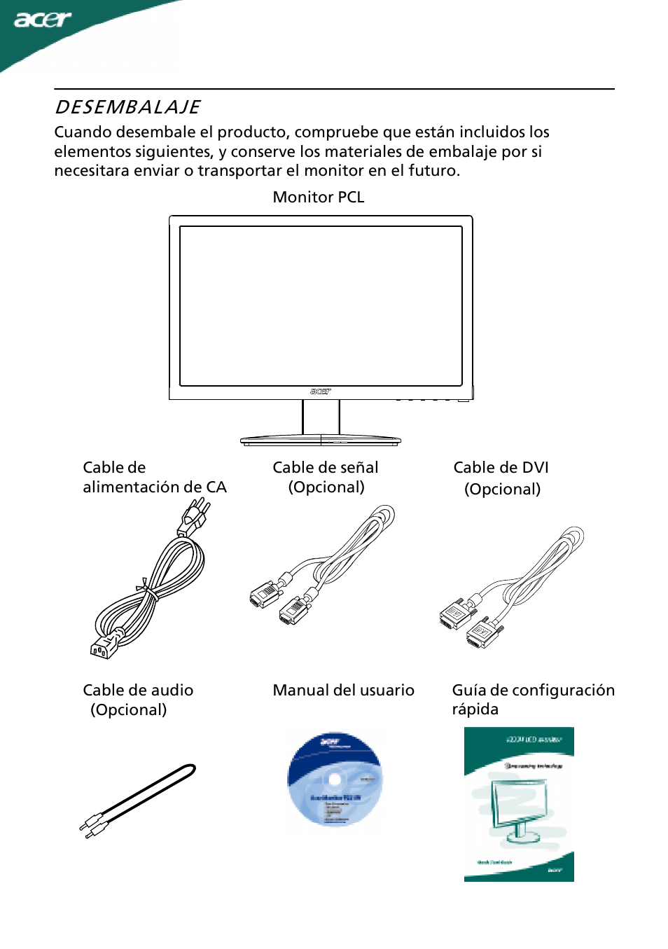 Desembalaje | Acer A191HQL User Manual | Page 6 / 23