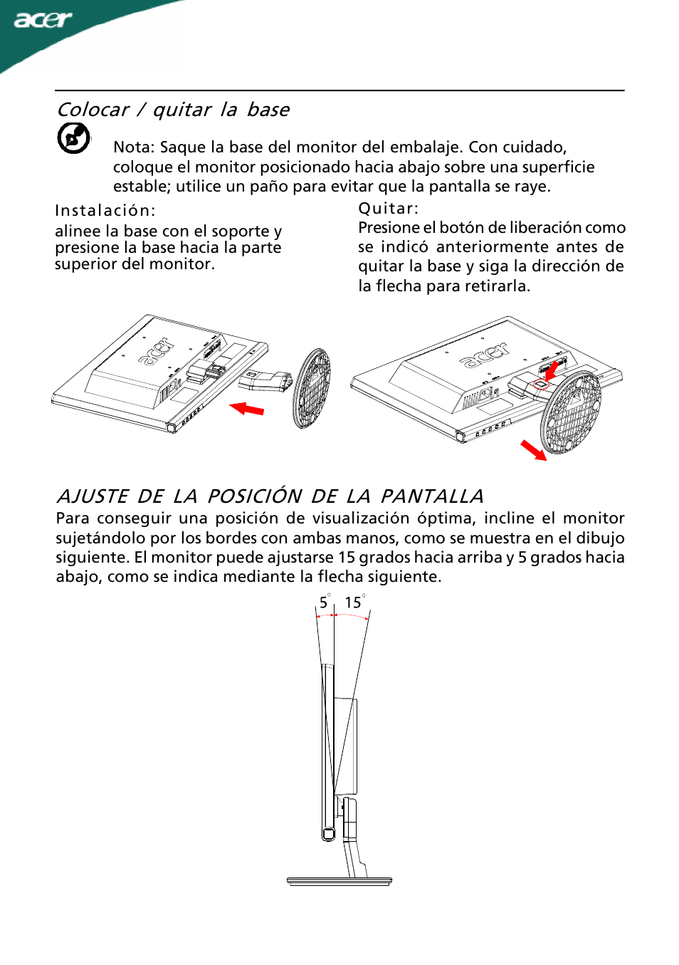 Ajuste de la posición de la pantalla, Colocar / quitar la base | Acer A191HQL User Manual | Page 7 / 23