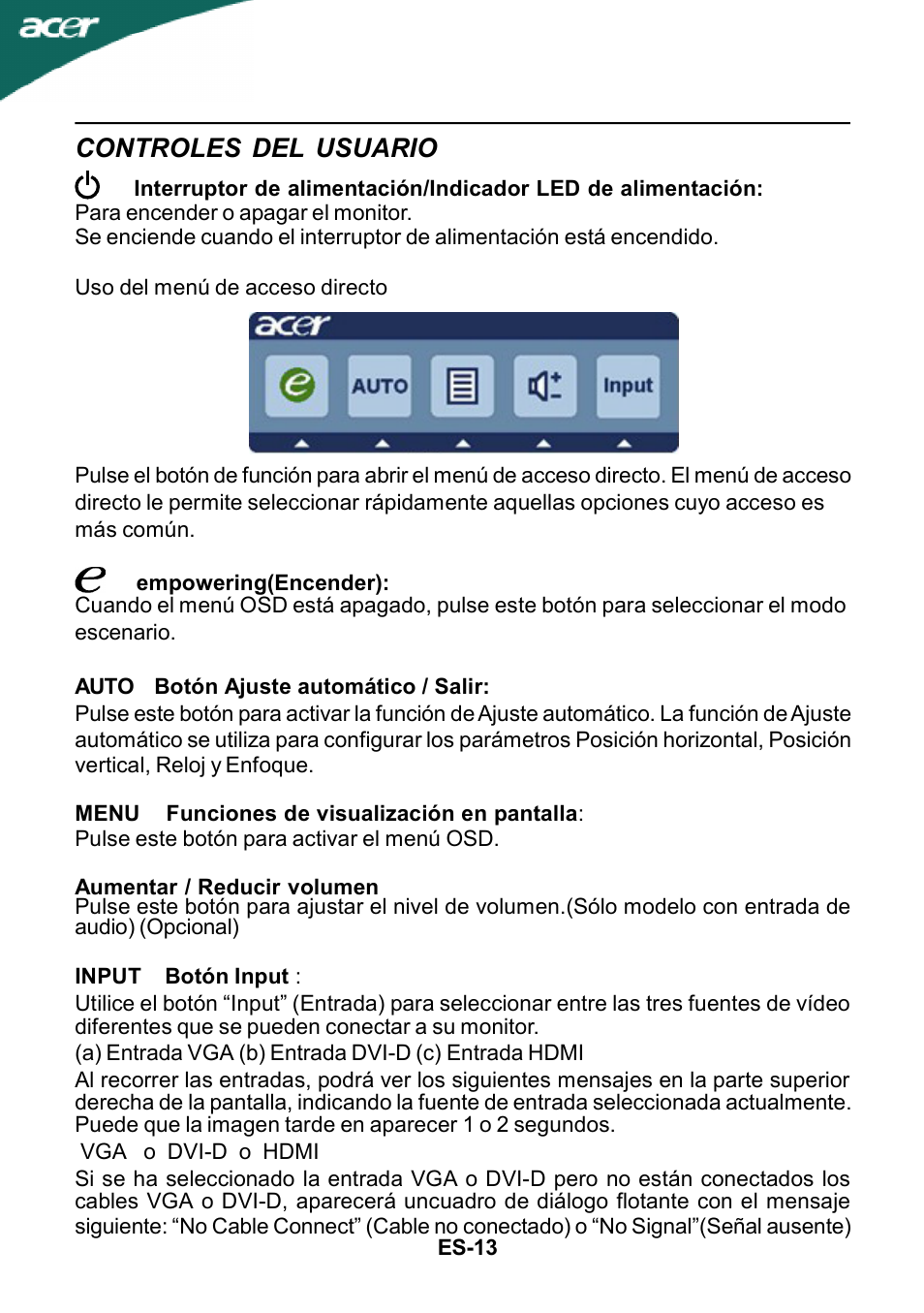 Controles del usuario | Acer G205H User Manual | Page 14 / 23