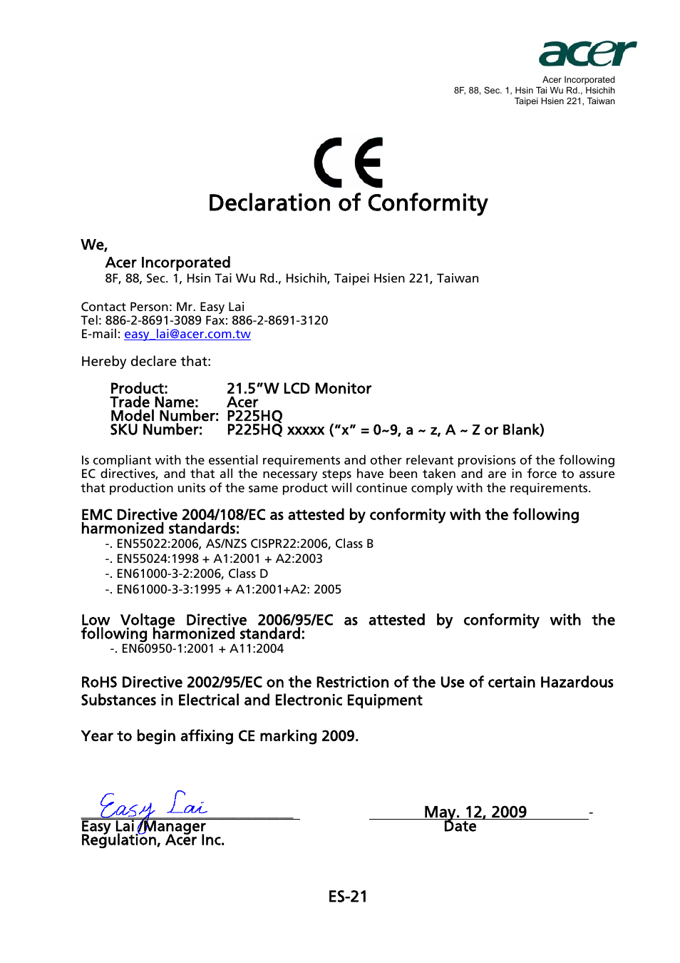 Declaration of conformity, Es-21 | Acer G205H User Manual | Page 22 / 23