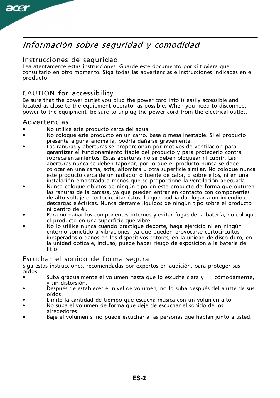 Información sobre seguridad y comodidad, Es-2, Instrucciones de seguridad | Caution for accessibility, Advertencias, Escuchar el sonido de forma segura | Acer G205H User Manual | Page 3 / 23