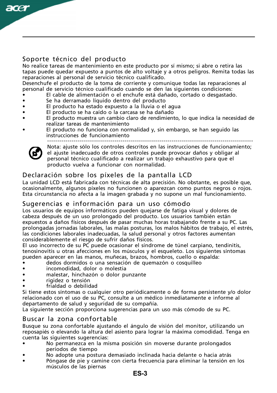 Es-3 soporte técnico del producto, Declaración sobre los píxeles de la pantalla lcd, Sugerencias e información para un uso cómodo | Buscar la zona confortable | Acer G205H User Manual | Page 4 / 23