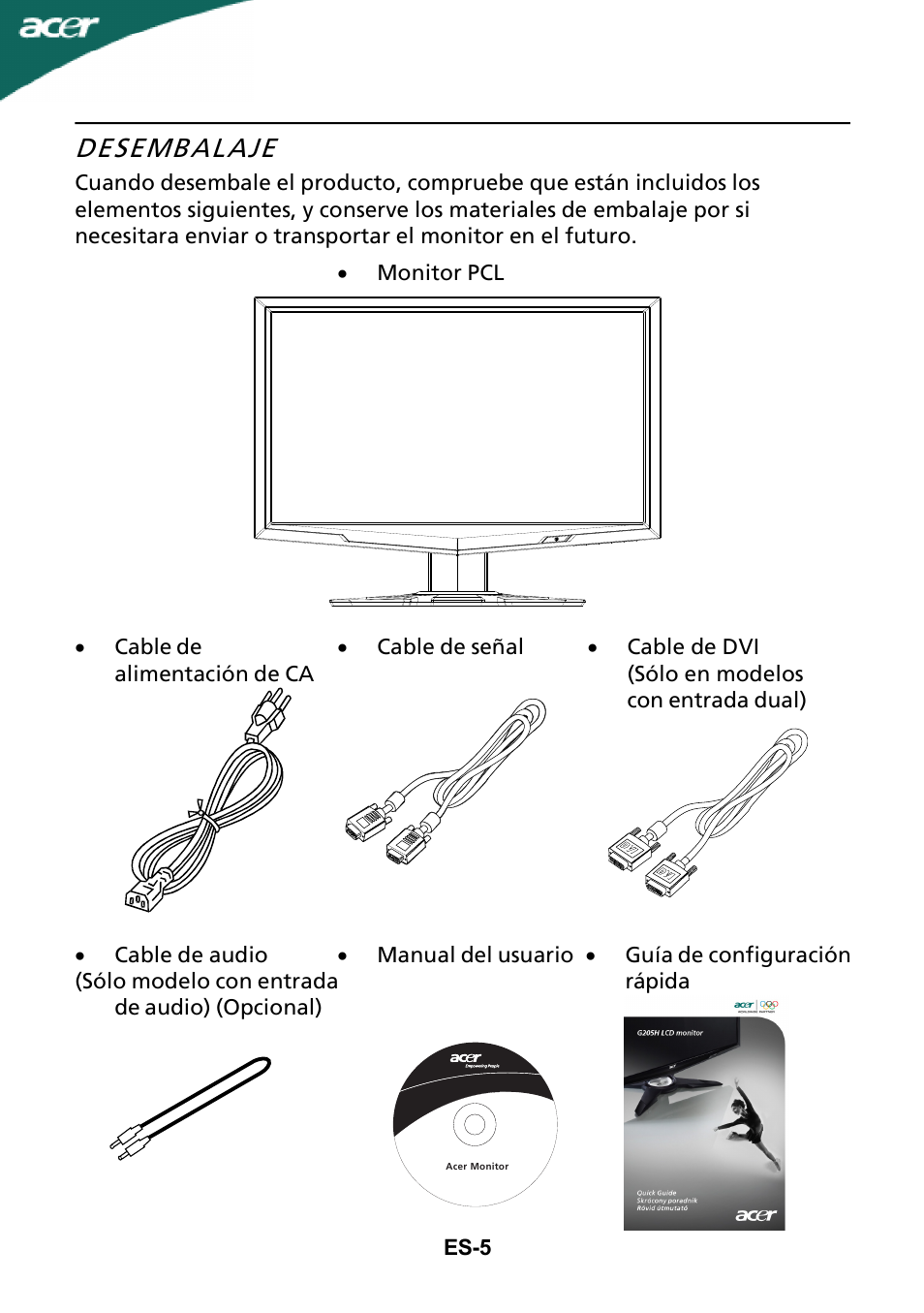Desembalaje | Acer G205H User Manual | Page 6 / 23