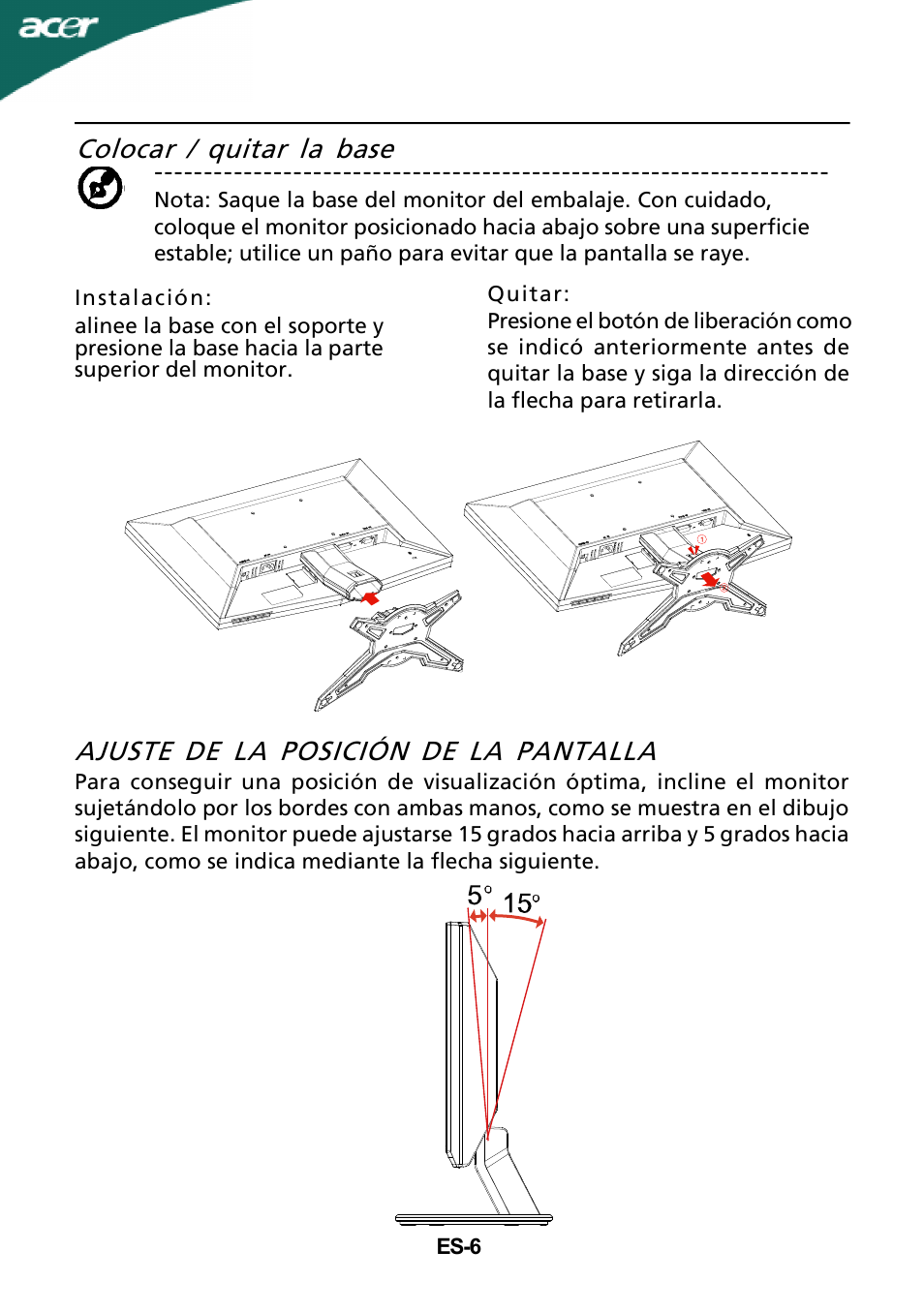 Ajuste de la posición de la pantalla, Colocar / quitar la base | Acer G205H User Manual | Page 7 / 23