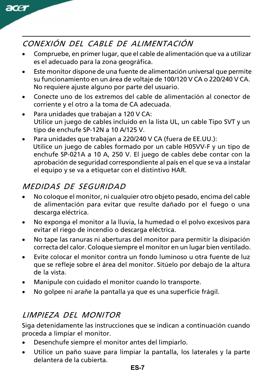 Conexión del cable de alimentación, Medidas de seguridad, Limpieza del monitor | Acer G205H User Manual | Page 8 / 23