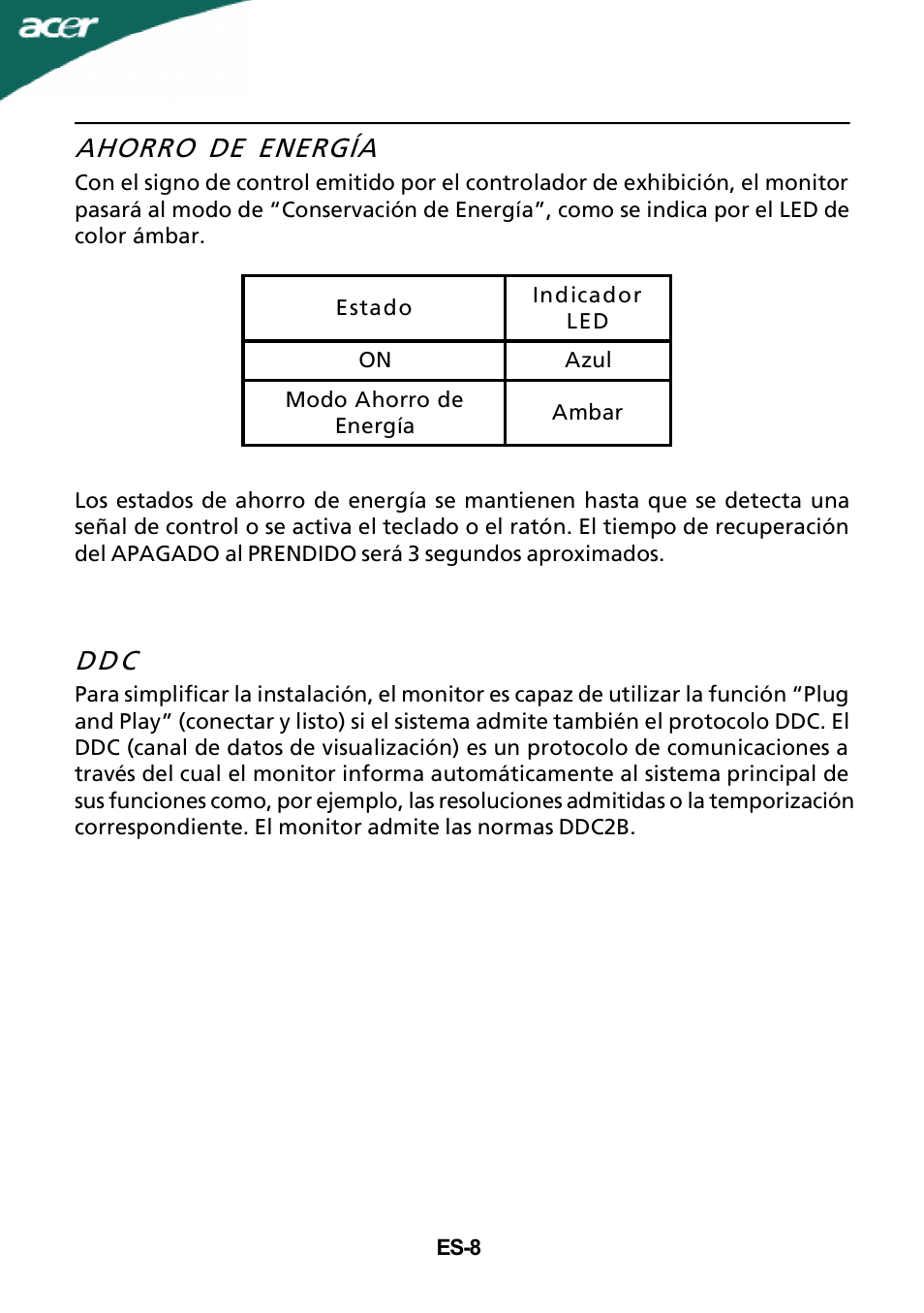 Ahorro de energía, Dd c | Acer G205H User Manual | Page 9 / 23