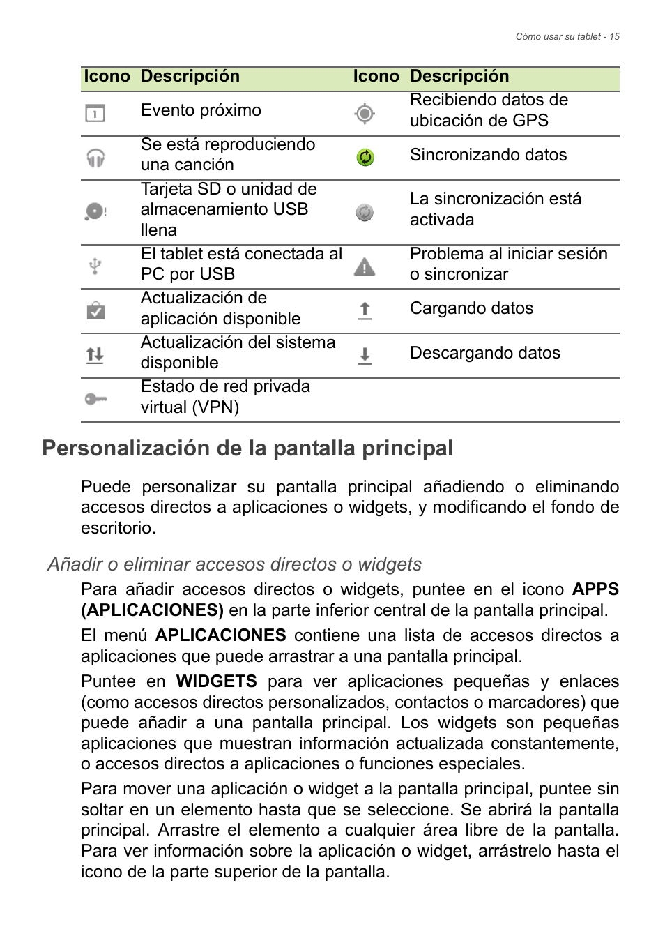 Personalización de la pantalla principal | Acer B1-720 User Manual | Page 15 / 56