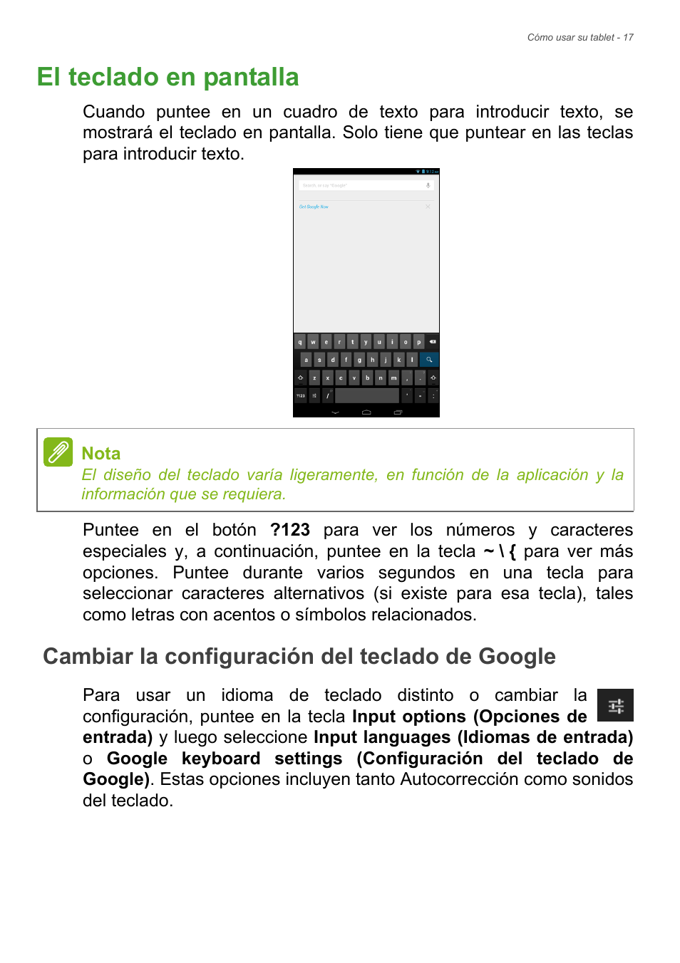 El teclado en pantalla, Cambiar la configuración del teclado de google | Acer B1-720 User Manual | Page 17 / 56