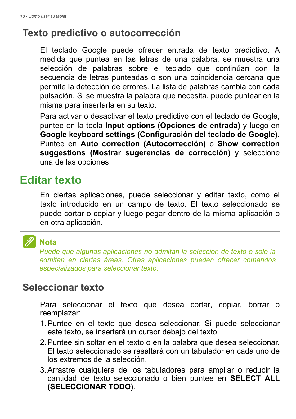 Texto predictivo o autocorrección, Editar texto, Seleccionar texto | Acer B1-720 User Manual | Page 18 / 56