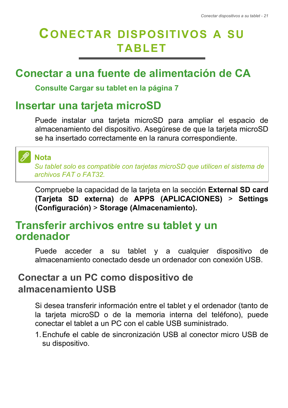 Conectar dispositivos a su tablet, Conectar a una fuente de alimentación de ca, Insertar una tarjeta microsd | Transferir archivos entre su tablet y un ordenador | Acer B1-720 User Manual | Page 21 / 56