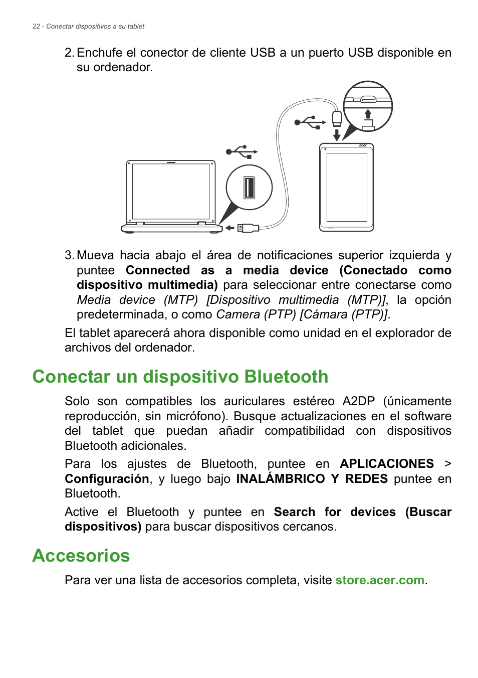 Conectar un dispositivo bluetooth, Accesorios, Conectar un dispositivo bluetooth accesorios | Acer B1-720 User Manual | Page 22 / 56