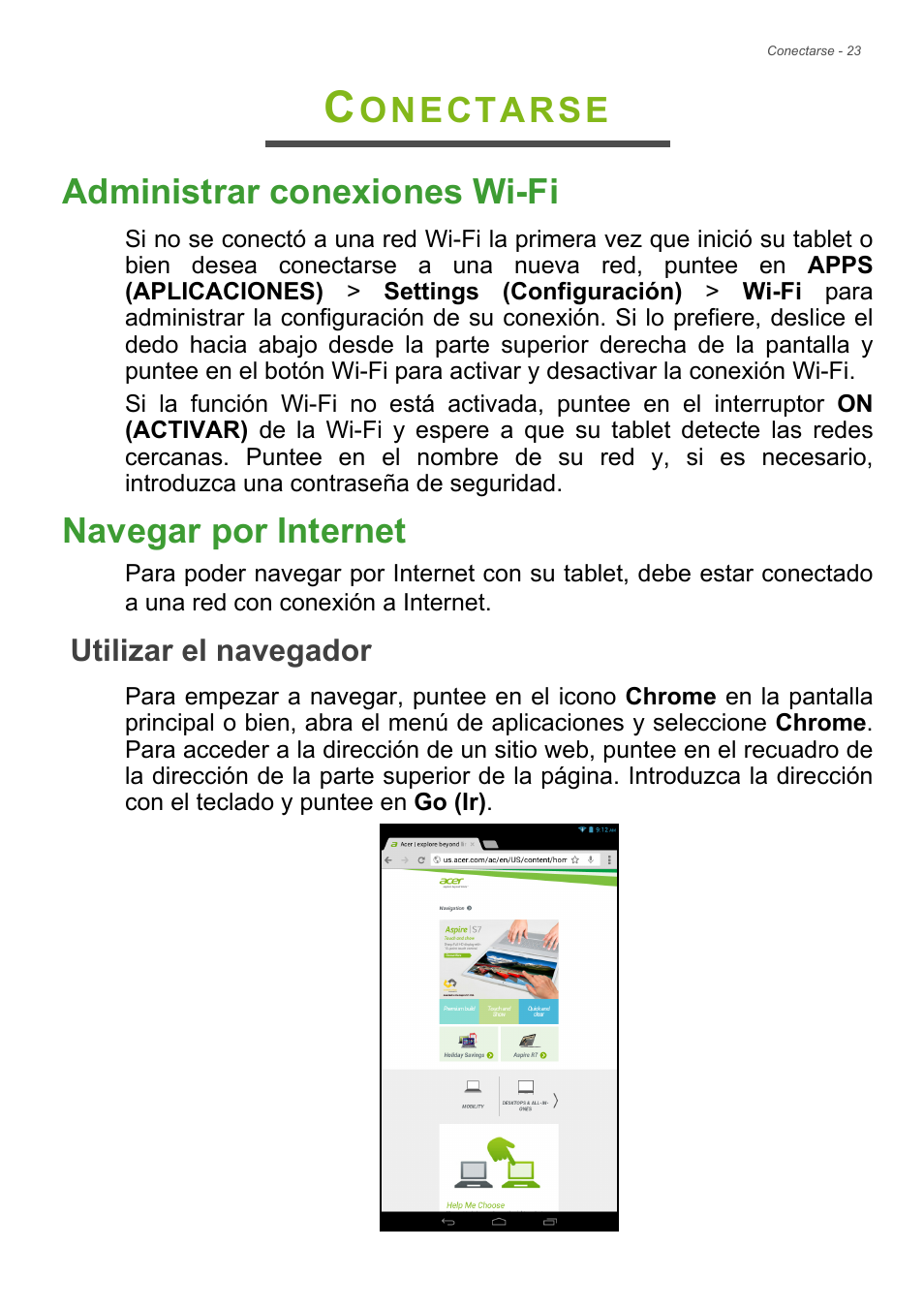 Conectarse, Administrar conexiones wi-fi, Navegar por internet | Utilizar el navegador, Administrar conexiones wi-fi navegar por internet, Onectarse administrar conexiones wi-fi | Acer B1-720 User Manual | Page 23 / 56