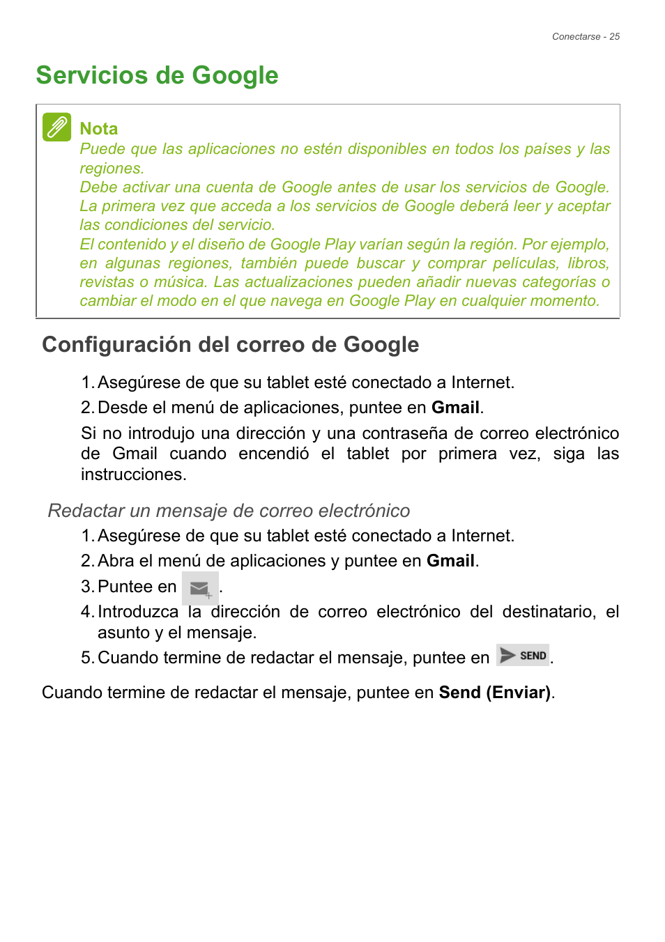 Servicios de google, Configuración del correo de google | Acer B1-720 User Manual | Page 25 / 56