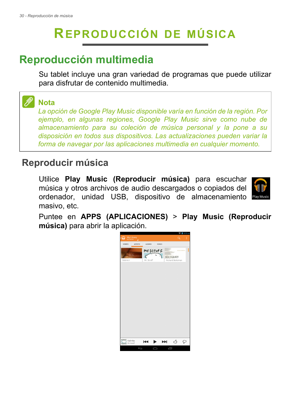 Reproducción de música, Reproducción multimedia, Reproducir música | Eproducción, Música reproducción multimedia | Acer B1-720 User Manual | Page 30 / 56