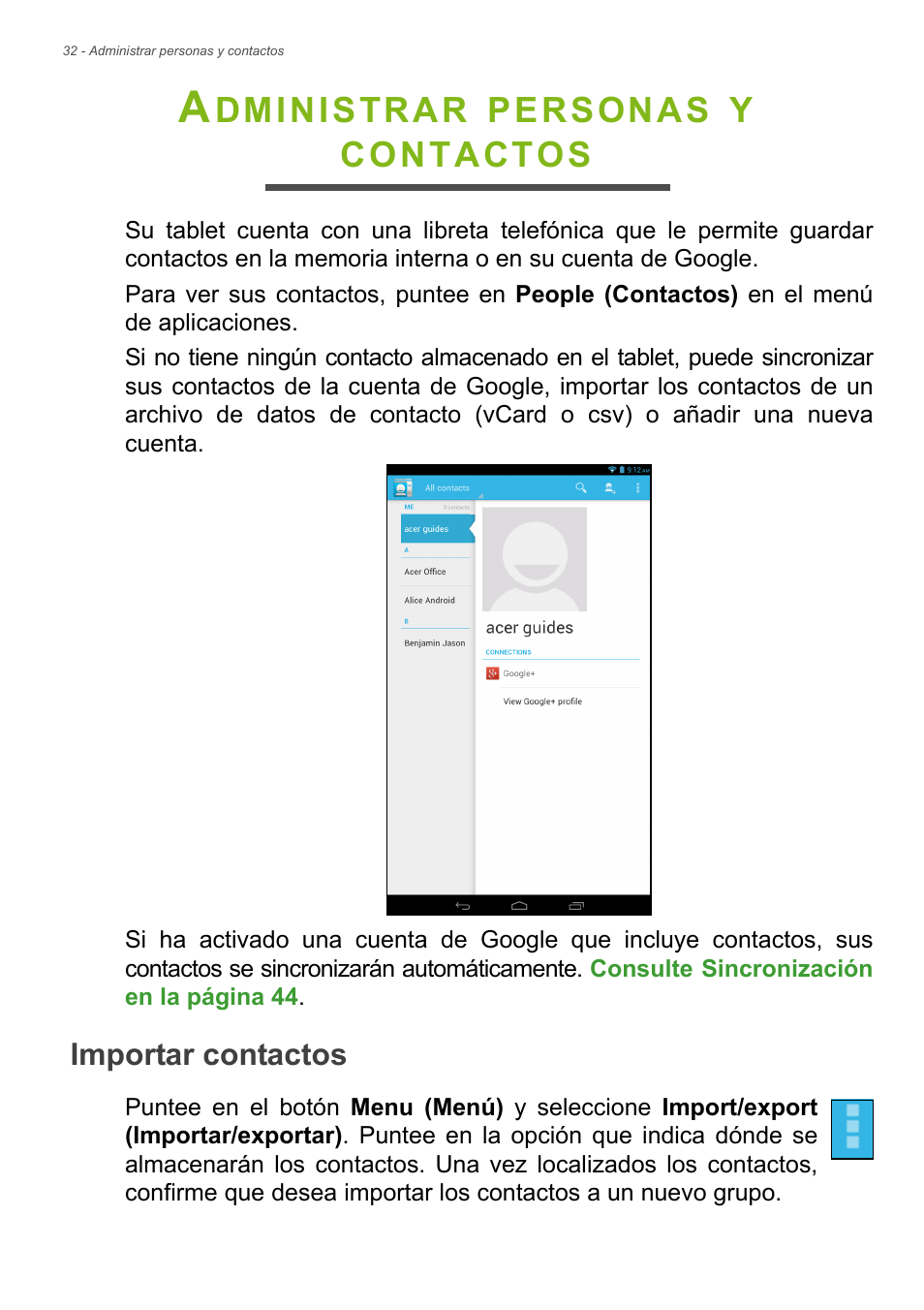 Administrar personas y contactos, Importar contactos, Dministrar | Personas, Contactos | Acer B1-720 User Manual | Page 32 / 56