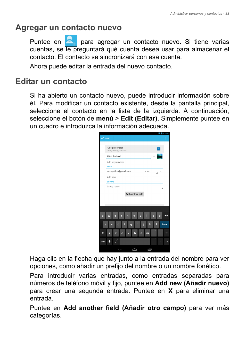 Agregar un contacto nuevo, Editar un contacto | Acer B1-720 User Manual | Page 33 / 56