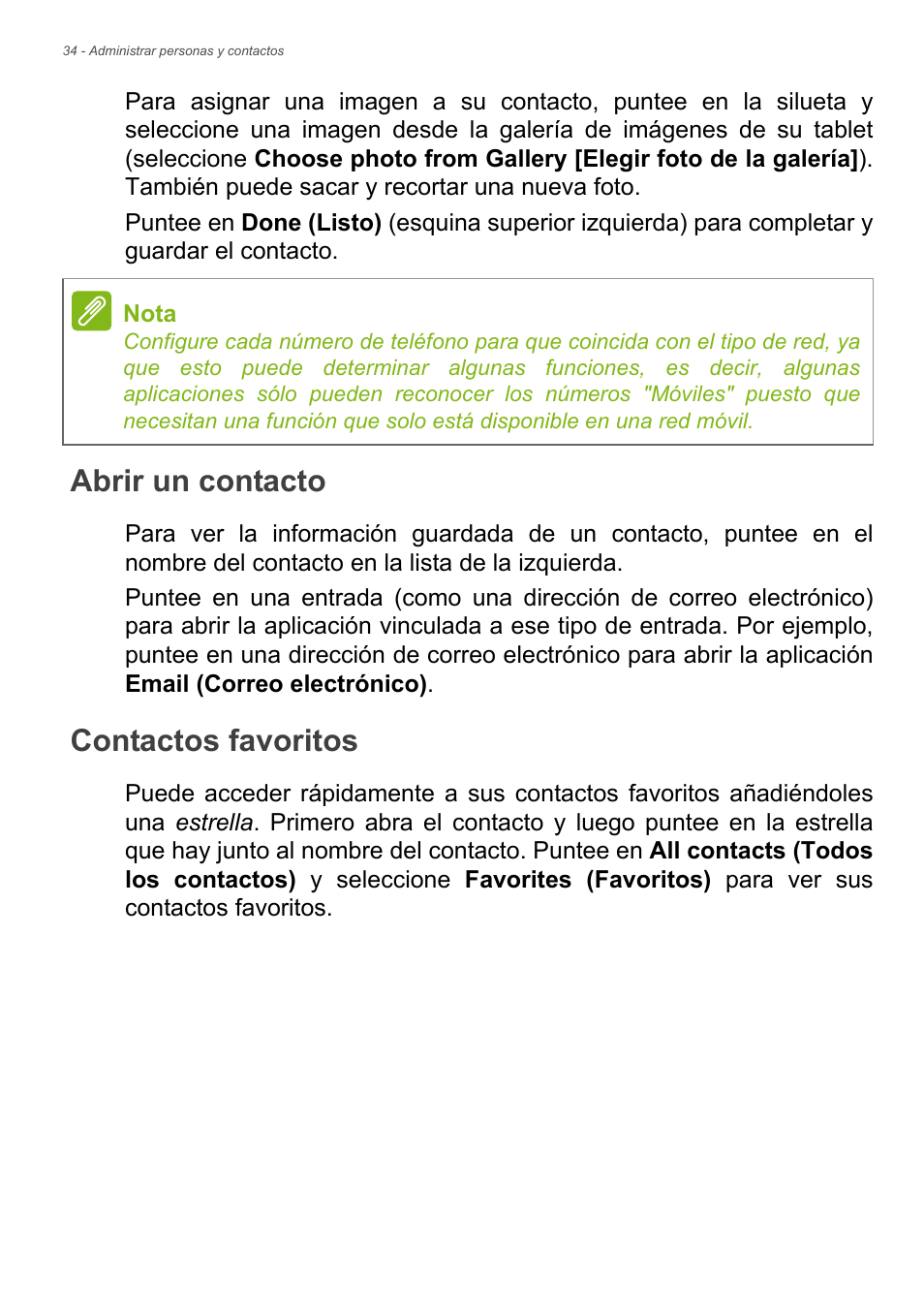 Abrir un contacto, Contactos favoritos | Acer B1-720 User Manual | Page 34 / 56