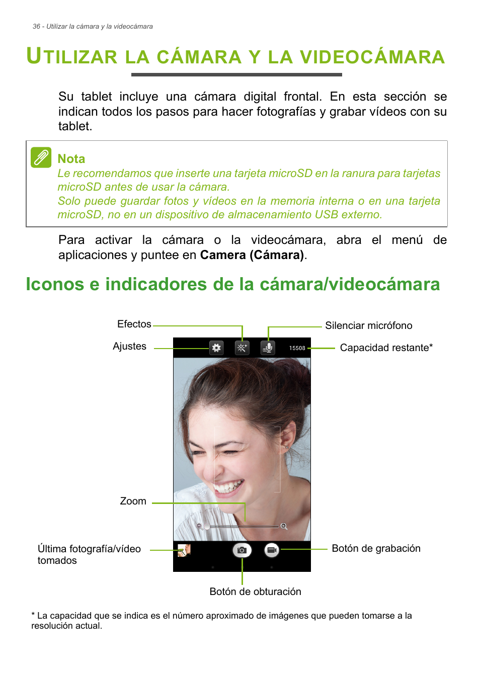 Utilizar la cámara y la videocámara, Iconos e indicadores de la cámara/videocámara, Iconos e indicadores de la cámara/ videocámara | Tilizar, Cámara, Videocámara | Acer B1-720 User Manual | Page 36 / 56