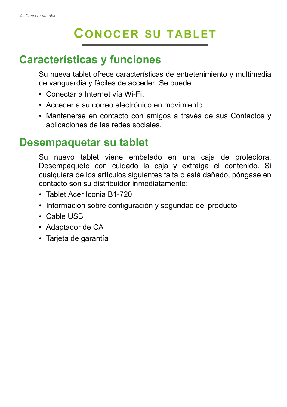 Conocer su tablet, Características y funciones, Desempaquetar su tablet | Acer B1-720 User Manual | Page 4 / 56