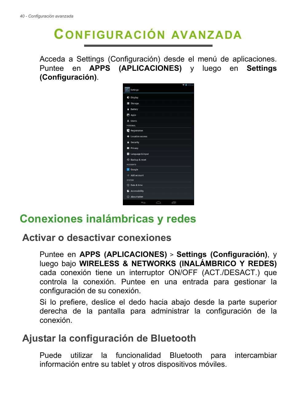 Configuración avanzada, Conexiones inalámbricas y redes, Activar o desactivar conexiones | Ajustar la configuración de bluetooth, Onfiguración, Avanzada | Acer B1-720 User Manual | Page 40 / 56