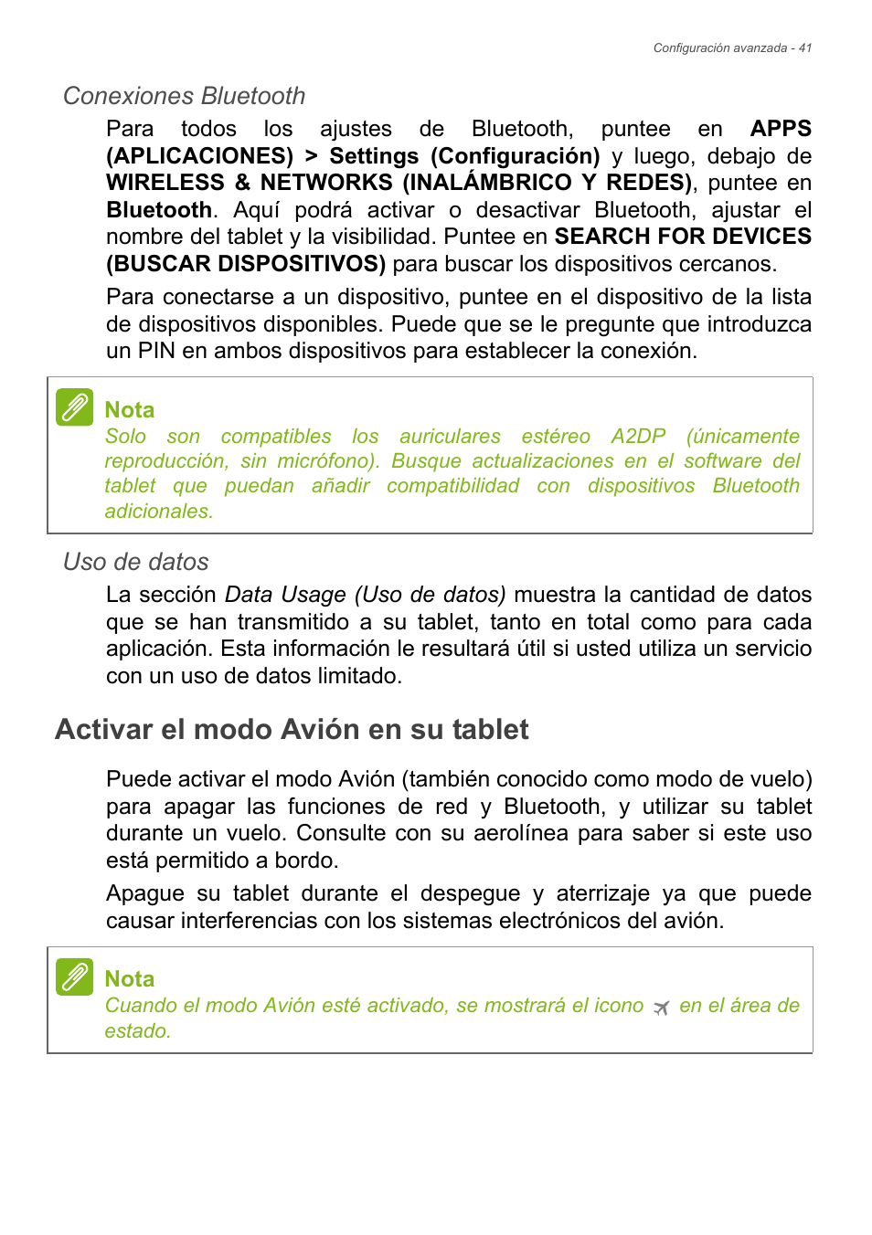 Activar el modo avión en su tablet, Conexiones bluetooth, Uso de datos | Acer B1-720 User Manual | Page 41 / 56