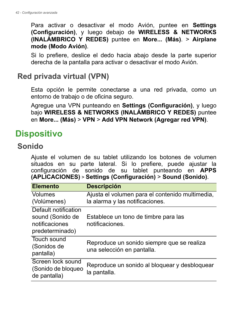 Red privada virtual (vpn), Dispositivo, Sonido | Acer B1-720 User Manual | Page 42 / 56