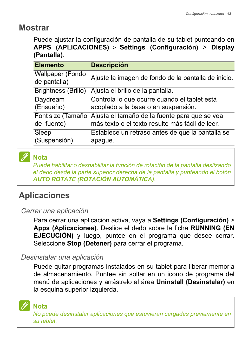Mostrar, Aplicaciones | Acer B1-720 User Manual | Page 43 / 56