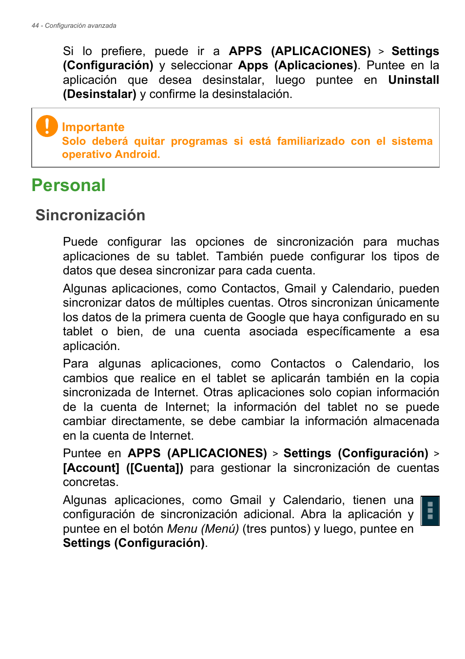 Personal, Sincronización | Acer B1-720 User Manual | Page 44 / 56