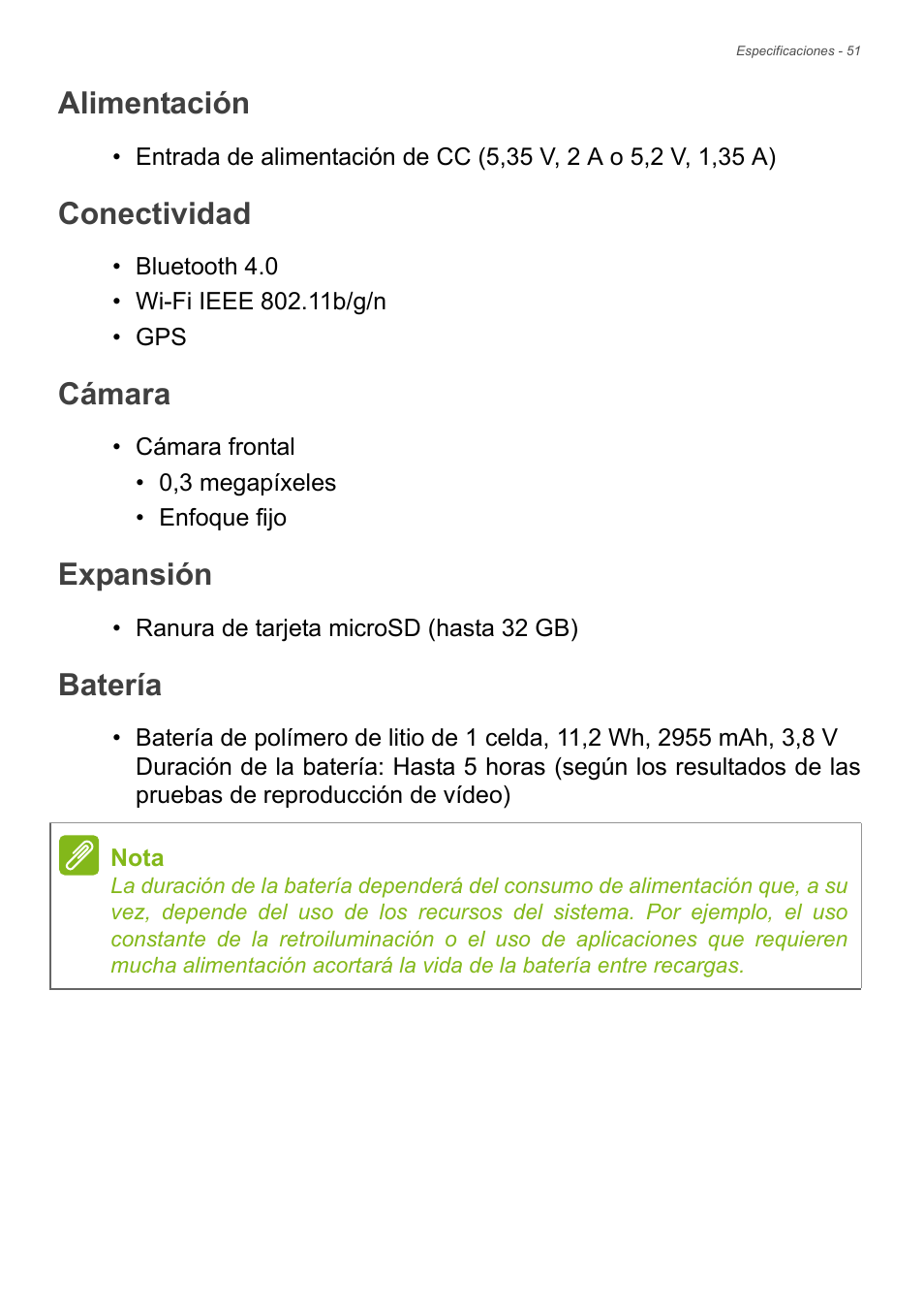 Alimentación, Conectividad, Cámara | Expansión, Batería | Acer B1-720 User Manual | Page 51 / 56