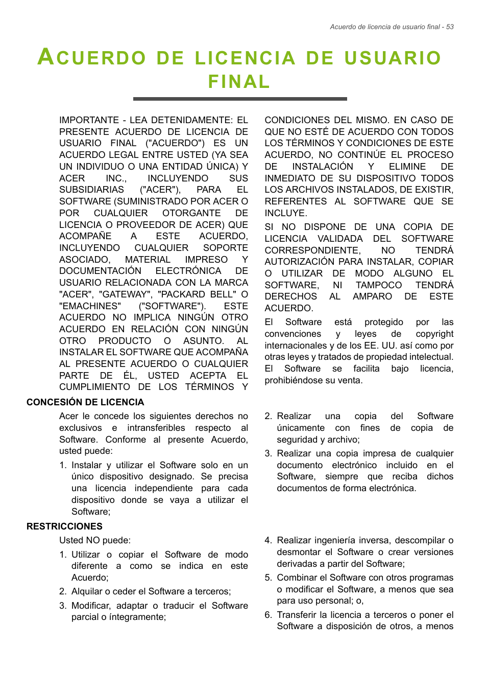 Acuerdo de licencia de usuario final, Acuerdo de licencia de usuario final 53, Cuerdo | Licencia, Usuario, Final | Acer B1-720 User Manual | Page 53 / 56