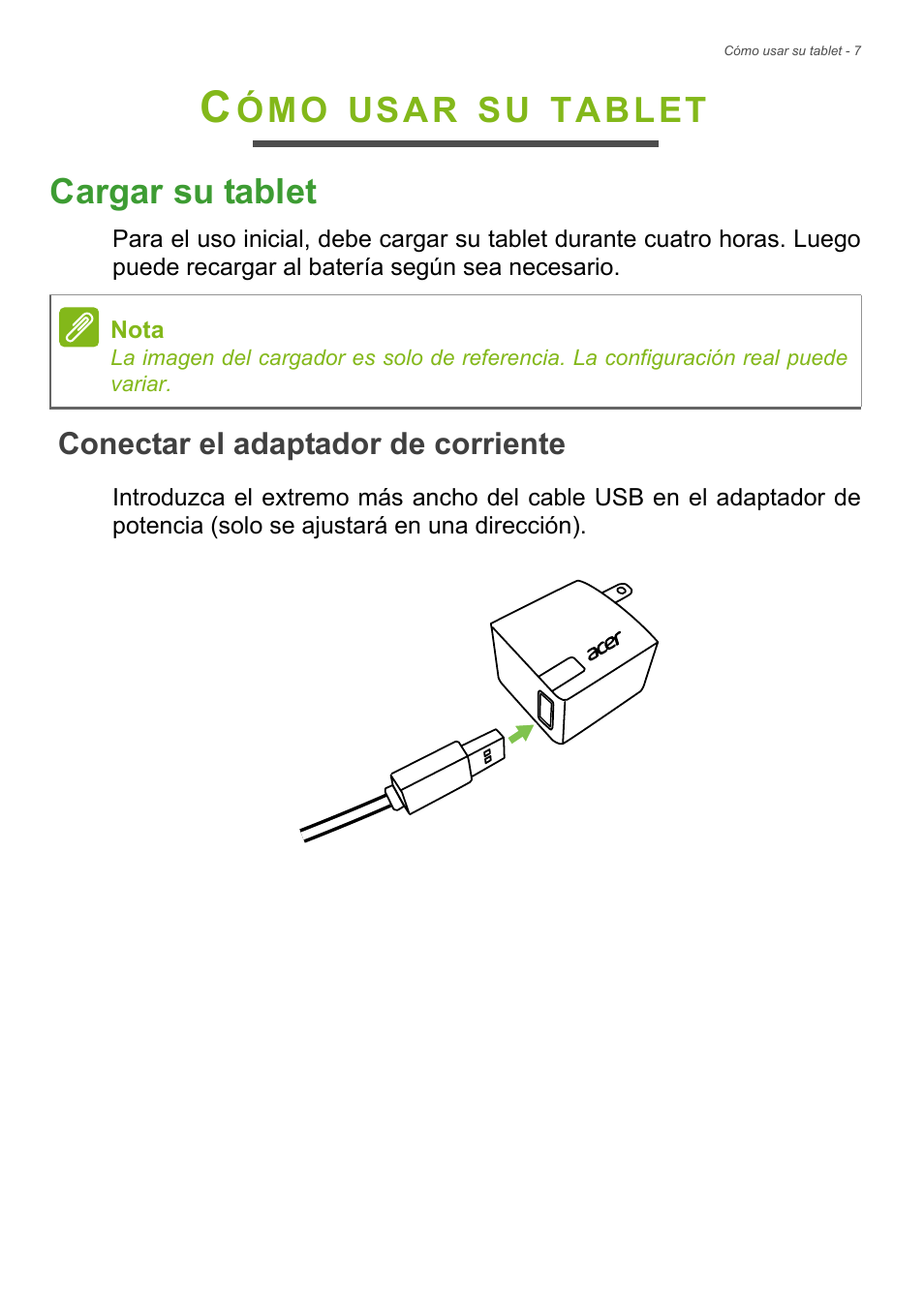 Cómo usar su tablet, Cargar su tablet, Conectar el adaptador de corriente | Acer B1-720 User Manual | Page 7 / 56