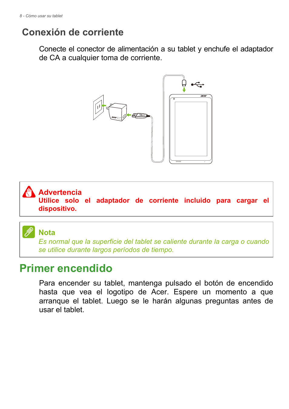 Conexión de corriente, Primer encendido | Acer B1-720 User Manual | Page 8 / 56