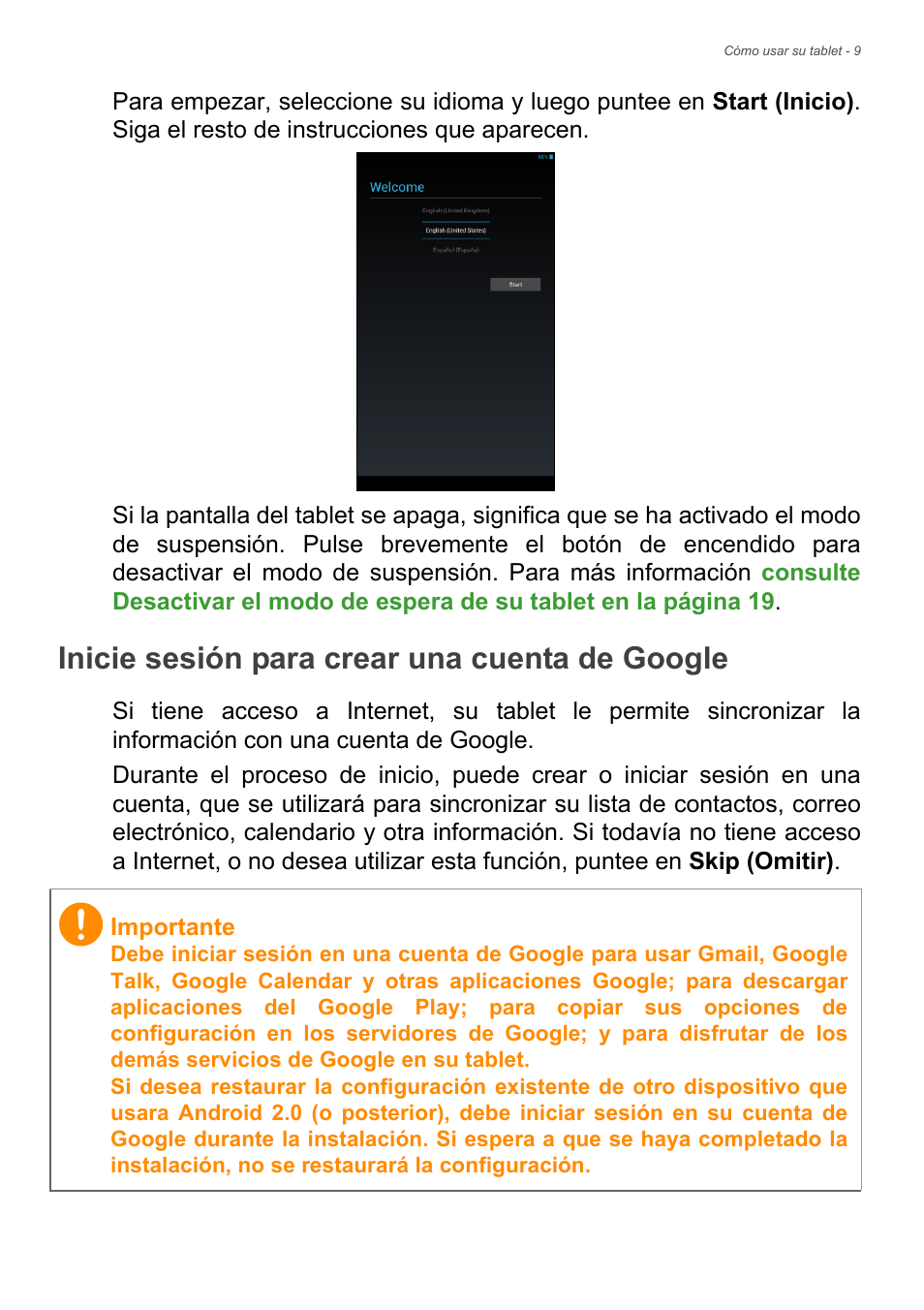 Inicie sesión para crear una cuenta de google | Acer B1-720 User Manual | Page 9 / 56