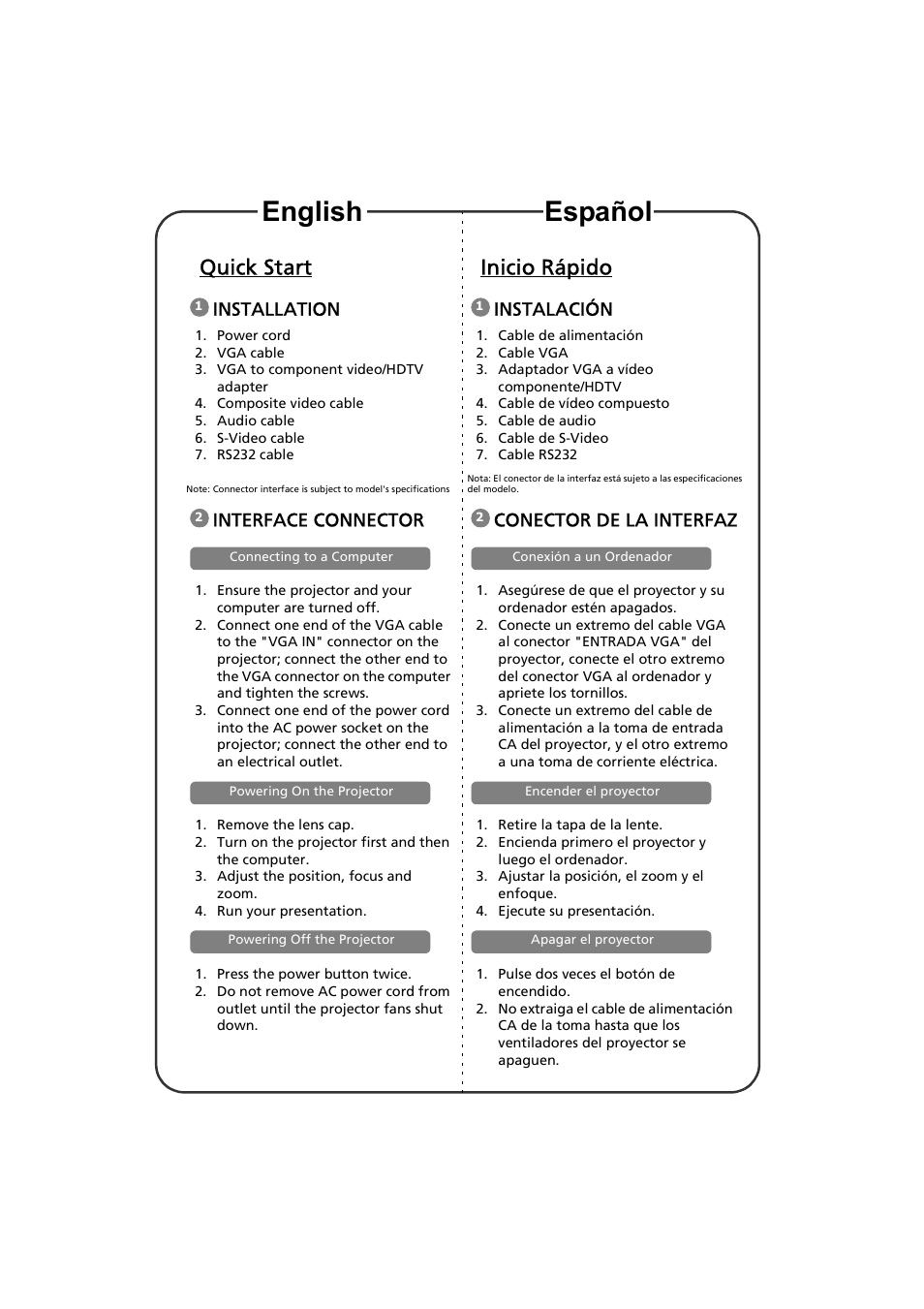 Quick start, Installation, Interface connector | Inicio rápido, Instalación, Conector de la interfaz, Español english | Acer X1235 User Manual | Page 2 / 2