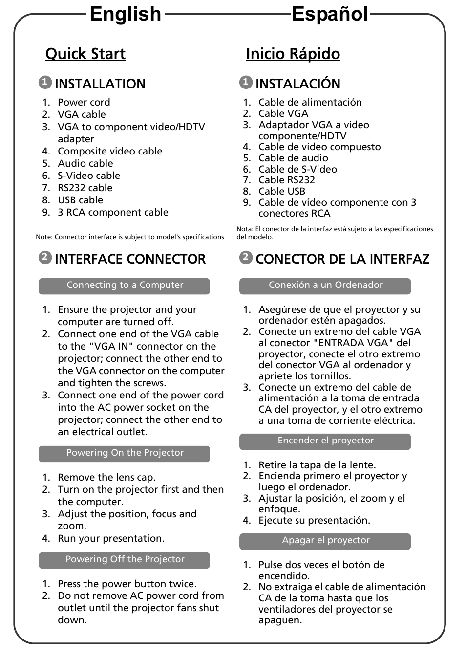 Español english, Quick start, Inicio rápido | Installation, Interface connector, Instalación, Conector de la interfaz | Acer X1130P User Manual | Page 2 / 2