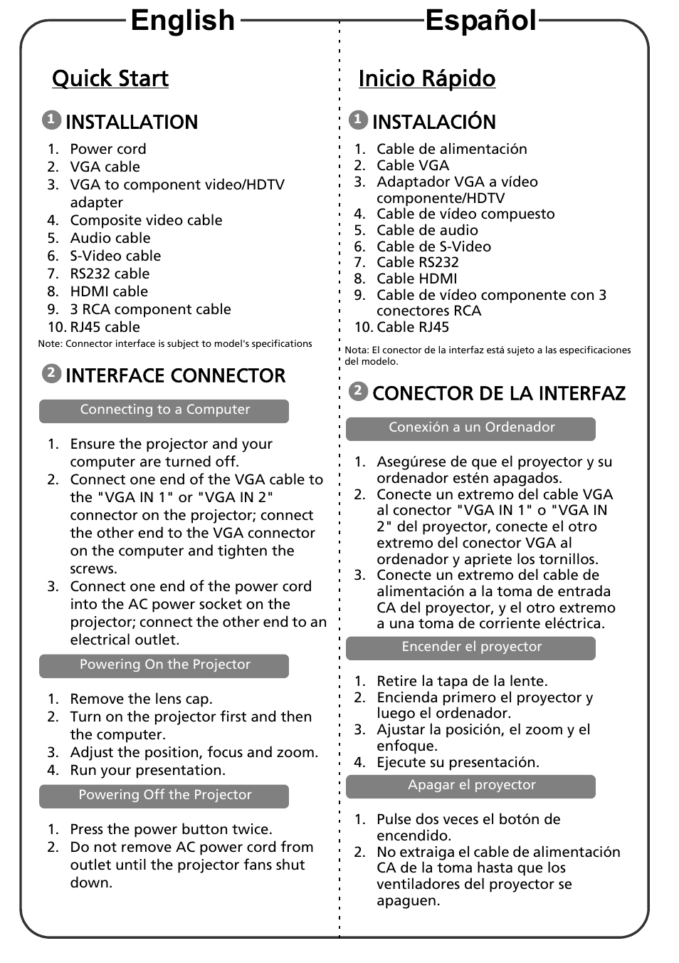 Quick start, Installation, Interface connector | Inicio rápido, Instalación, Conector de la interfaz, Español english | Acer P5205 User Manual | Page 2 / 2