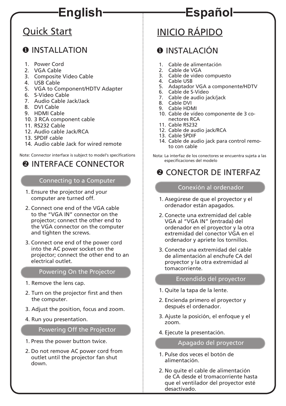 Español, English, Inicio rápido | Quick start, Instalación, Conector de interfaz, Installation, Interface connector | Acer P7280I User Manual | Page 2 / 2