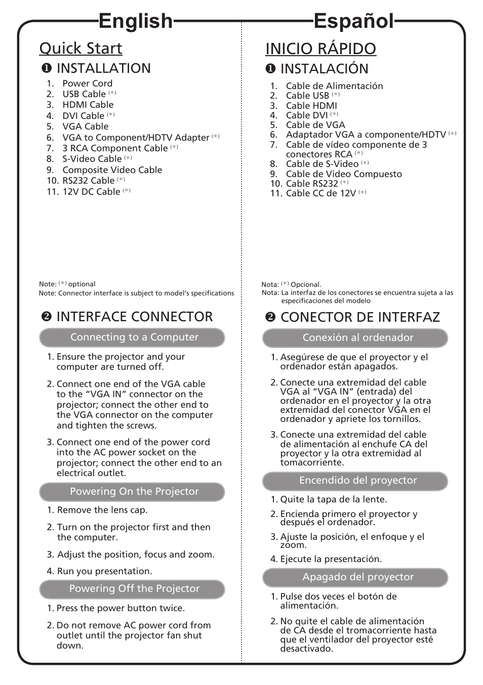 Español, English, Inicio rápido | Quick start, Instalación, Conector de interfaz, Installation, Interface connector | Acer H9500 User Manual | Page 2 / 2